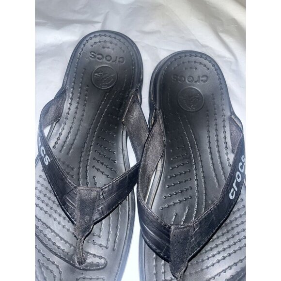 CROCS Black Leather rubber Thong Sandals Size 9 - Picture 11 of 11